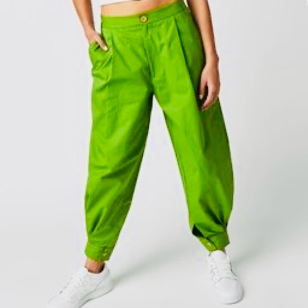 Free People Bright Lime Green High-Waist Trousers